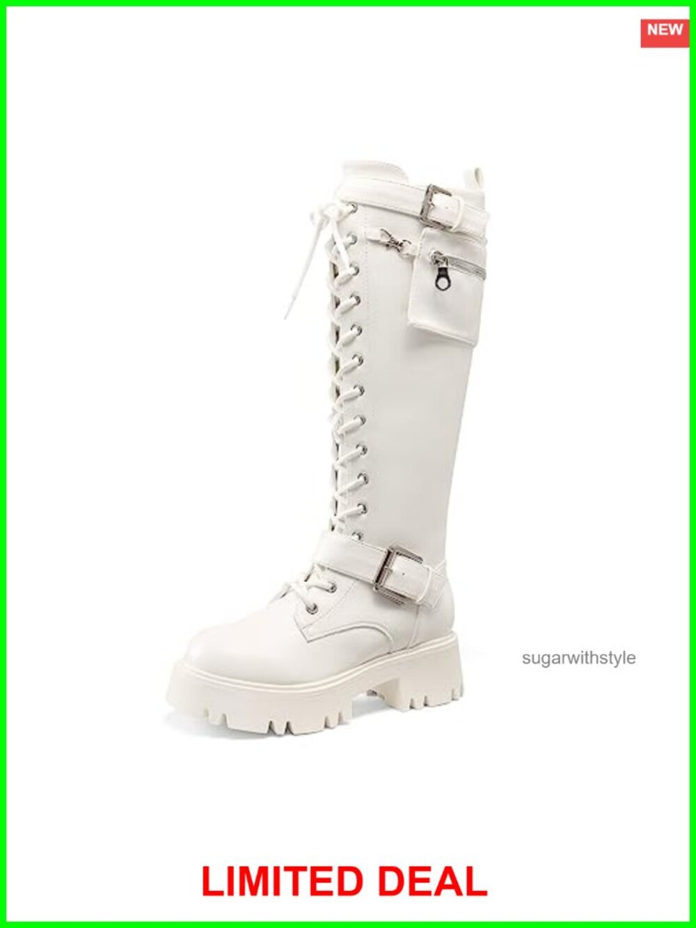 Womens Knee High Combat Boots Lace Up Platform Heels PU Lug Sole